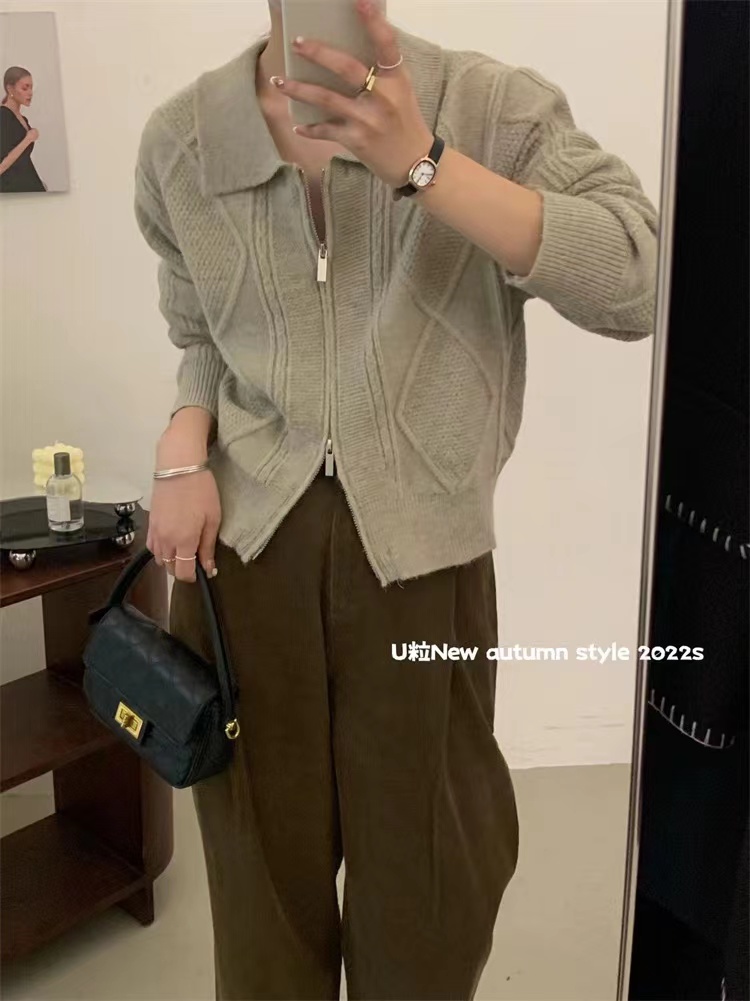 American retro double-ended zipper long-sleeved knitted cardigan top women's spring and autumn short coat water chestnut sweater new style