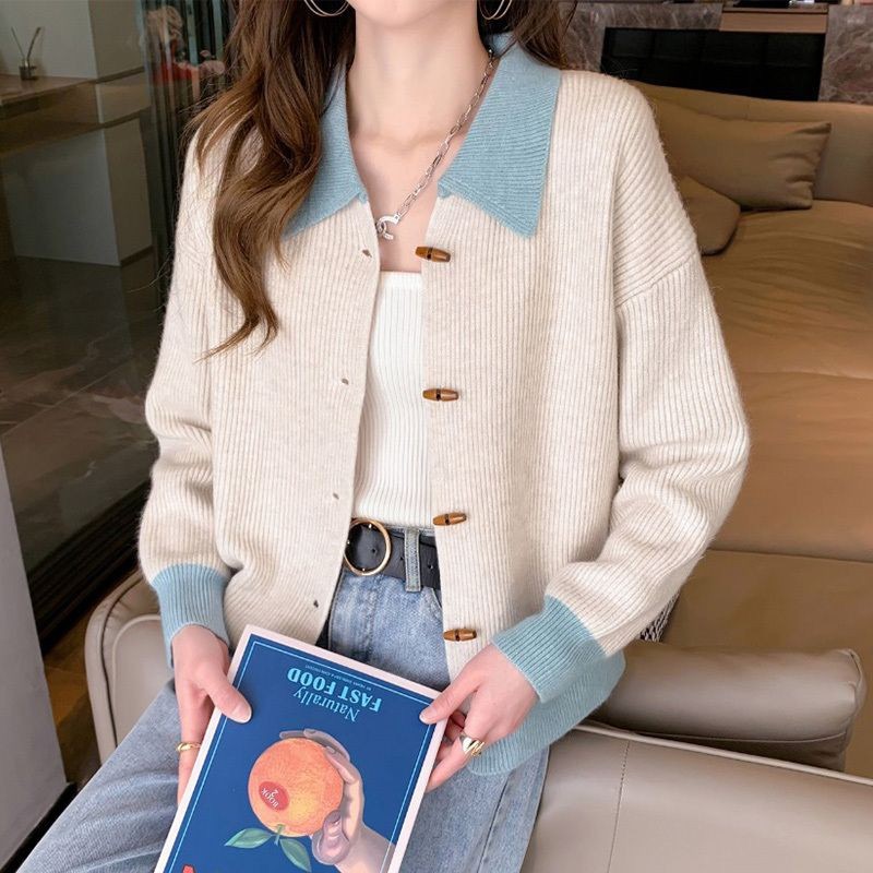 Horn Button Knitted Cardigan Women's Versatile Loose Lazy Autumn Style New Contrast Color Lapel Sweater Jacket Top