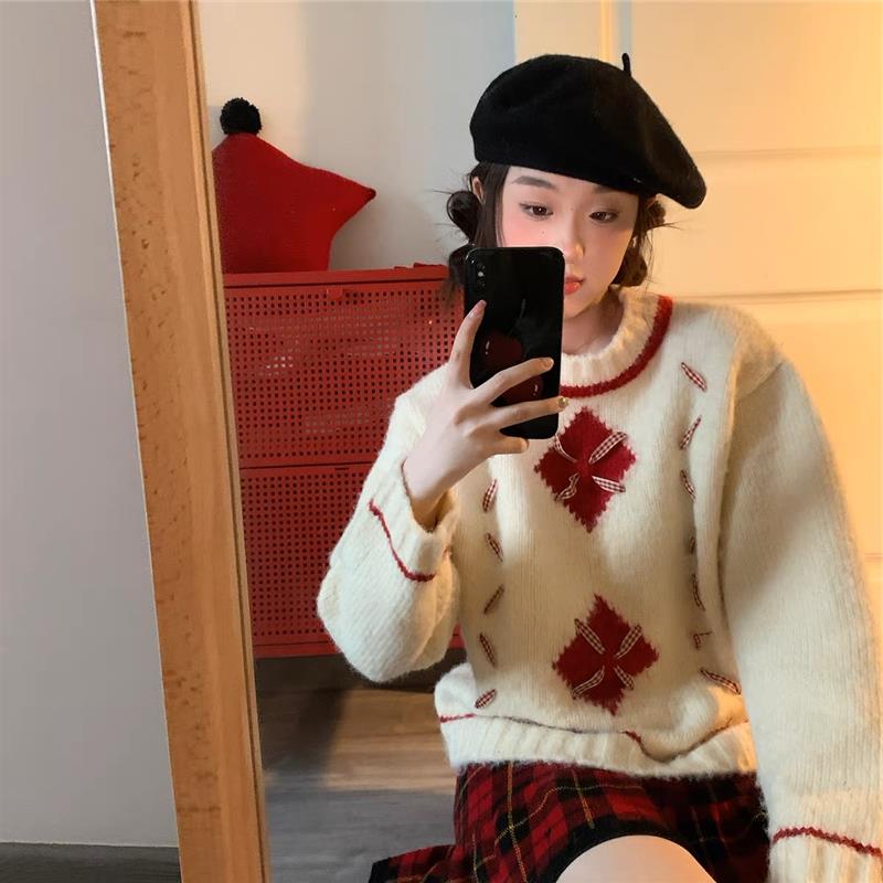 減齡可愛聖誕毛衣2023秋裝加厚寬鬆中長款氛圍格子絲帶羊絨針織衫
