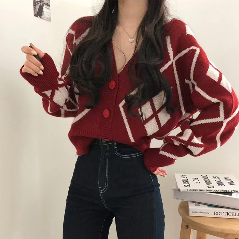 Korean style college style contrast striped sweater knitted cardigan for women plaid loose slimming short coat top