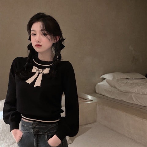  Autumn and Winter Korean Style Slim Bow Long Sleeve Scarf Collar Sweater Women's Bottoming Top Gentle Style