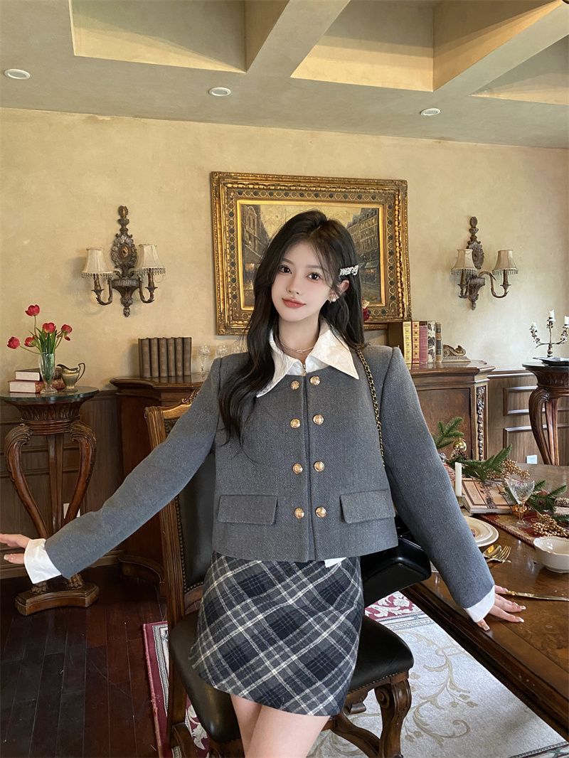 實拍~雙排扣小香風外套女秋冬韓版寬鬆小個子設計感氣質短款