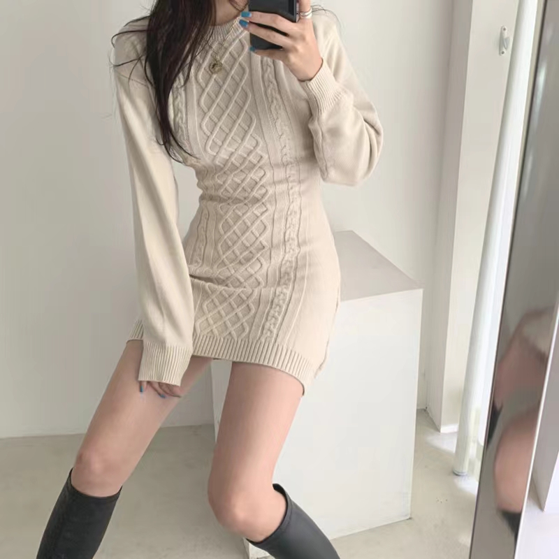 Korean ins autumn and winter temperament round neck rhombus pattern small backless slim fit hip-hugging knitted dress for women