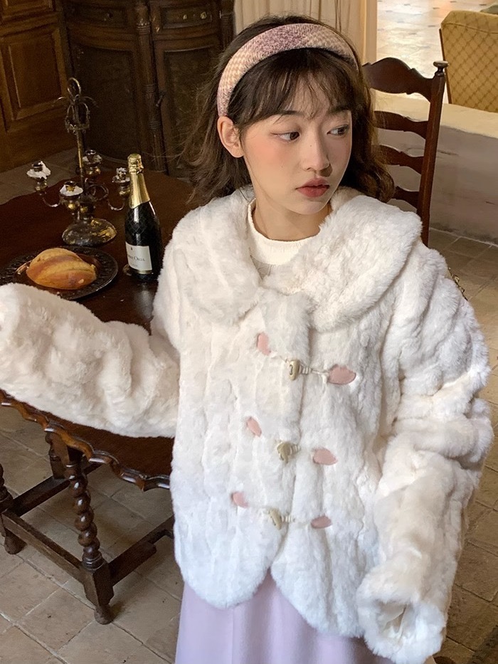 超日系可愛羊羔絨娃娃領甜妹冬季加厚保暖寬鬆毛茸茸兔毛短外套