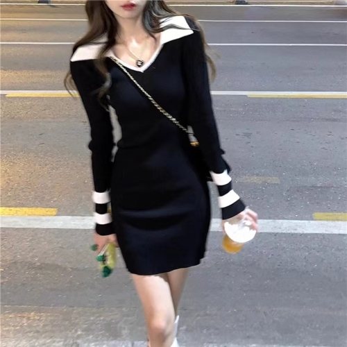  new spring, autumn and winter hot girl French slim long-sleeved sexy hip-covering polo knitted bottoming dress for women