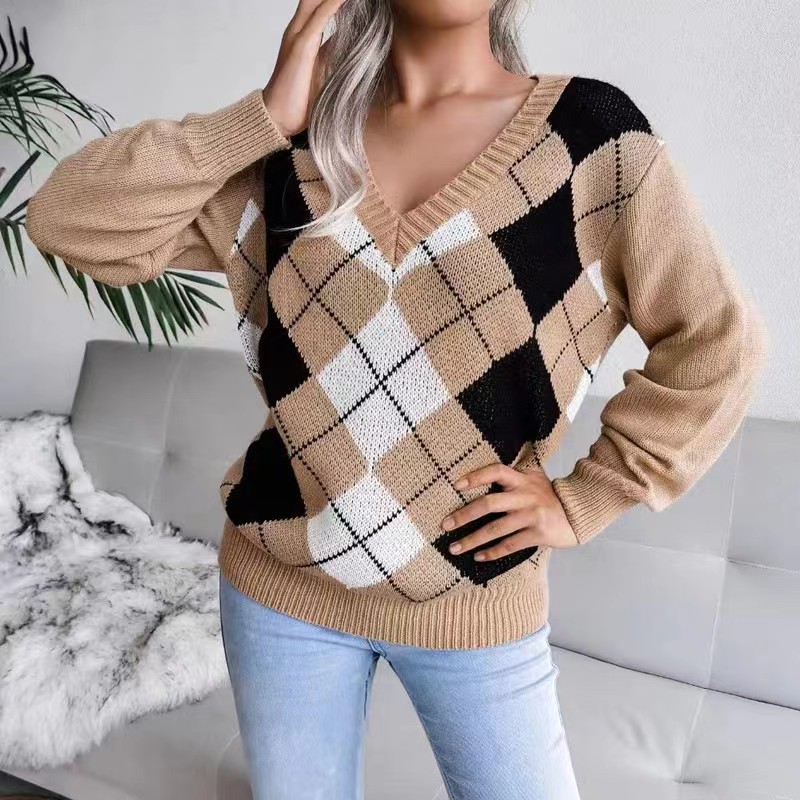 Diamond V-neck long-sleeved preppy European and American pullover sweater top