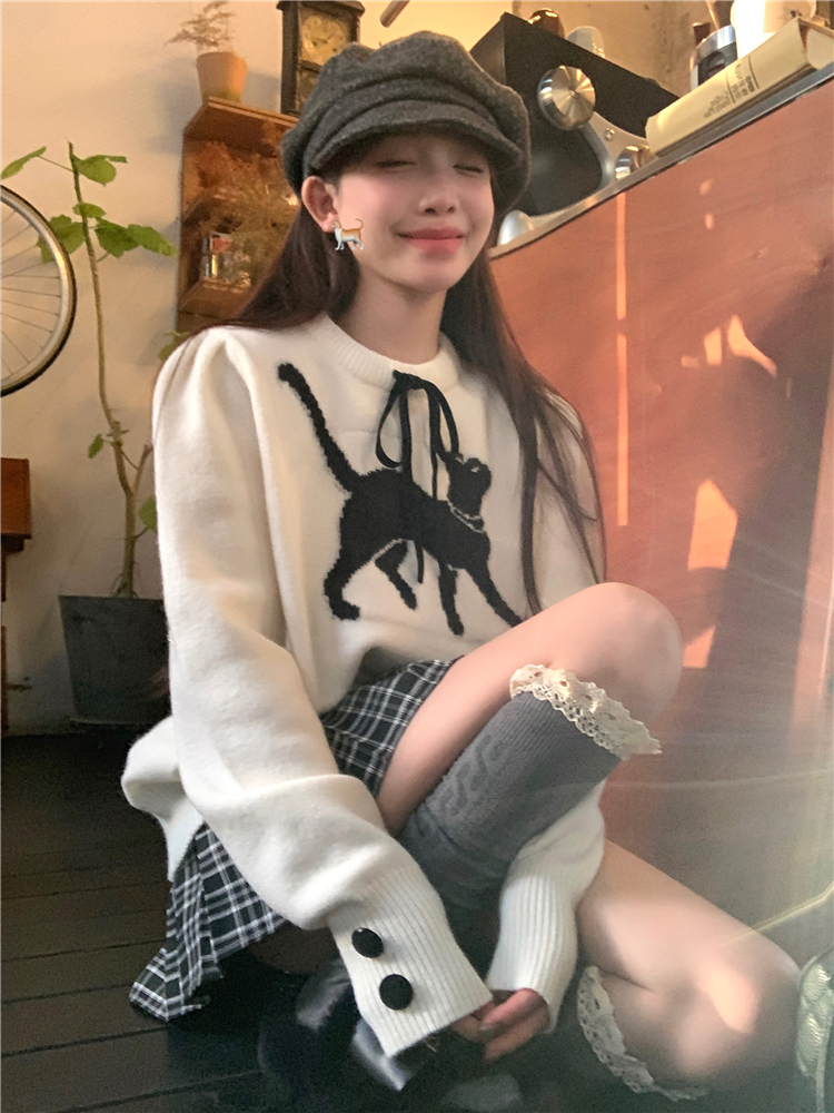 實拍~潘多拉甜曲秋冬毛織圓領小貓圖案泡泡袖上衣女