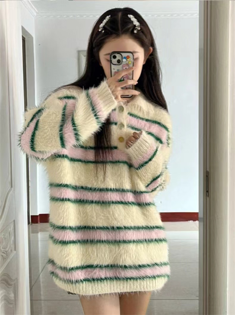 Sweater women's winter polo collar pullover striped knitted bottoming shirt top with soft and waxy design hits the street