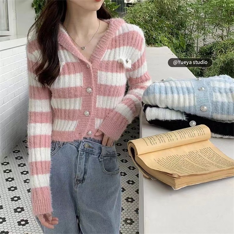 Autumn new soft and sweet striped knitted hooded cardigan short sweater jacket