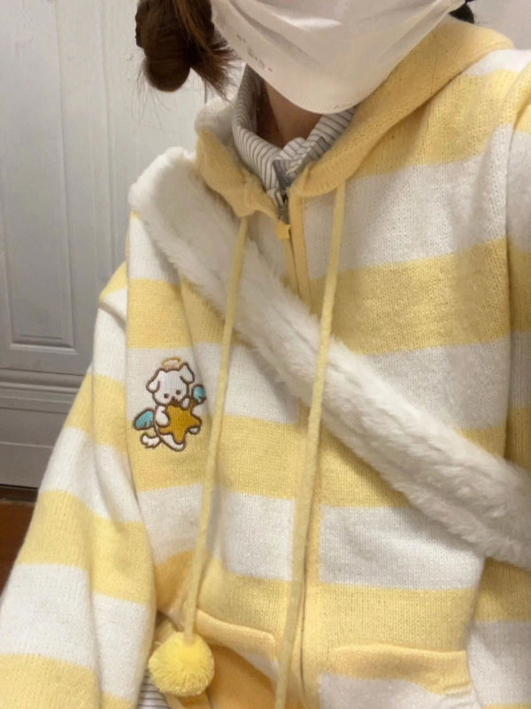 日系秋冬天使狗條紋毛衣女針織衫小個子上衣寬鬆可愛連帽開衫外套