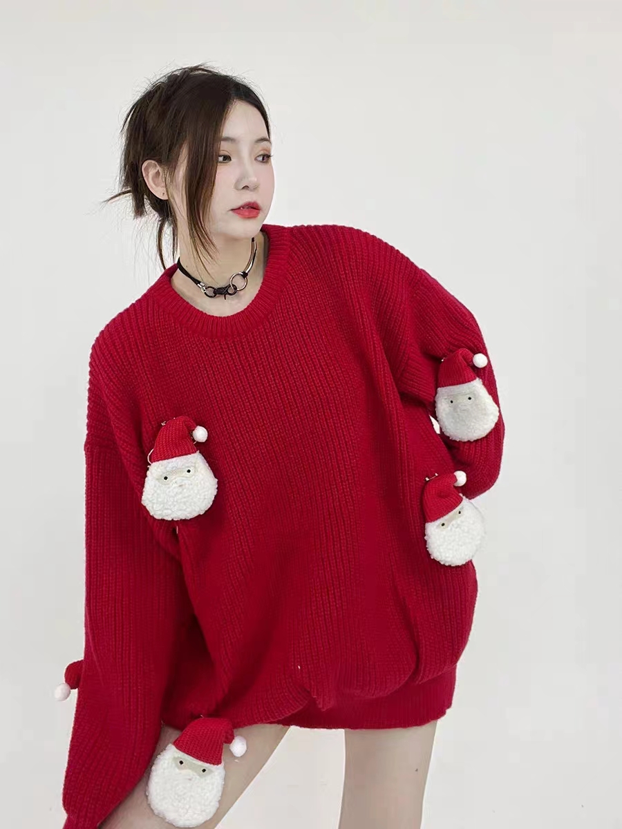 聖誕紅色毛衣女過年喜慶針織立體聖誕老人外穿秋冬慵懶風寬鬆上衣