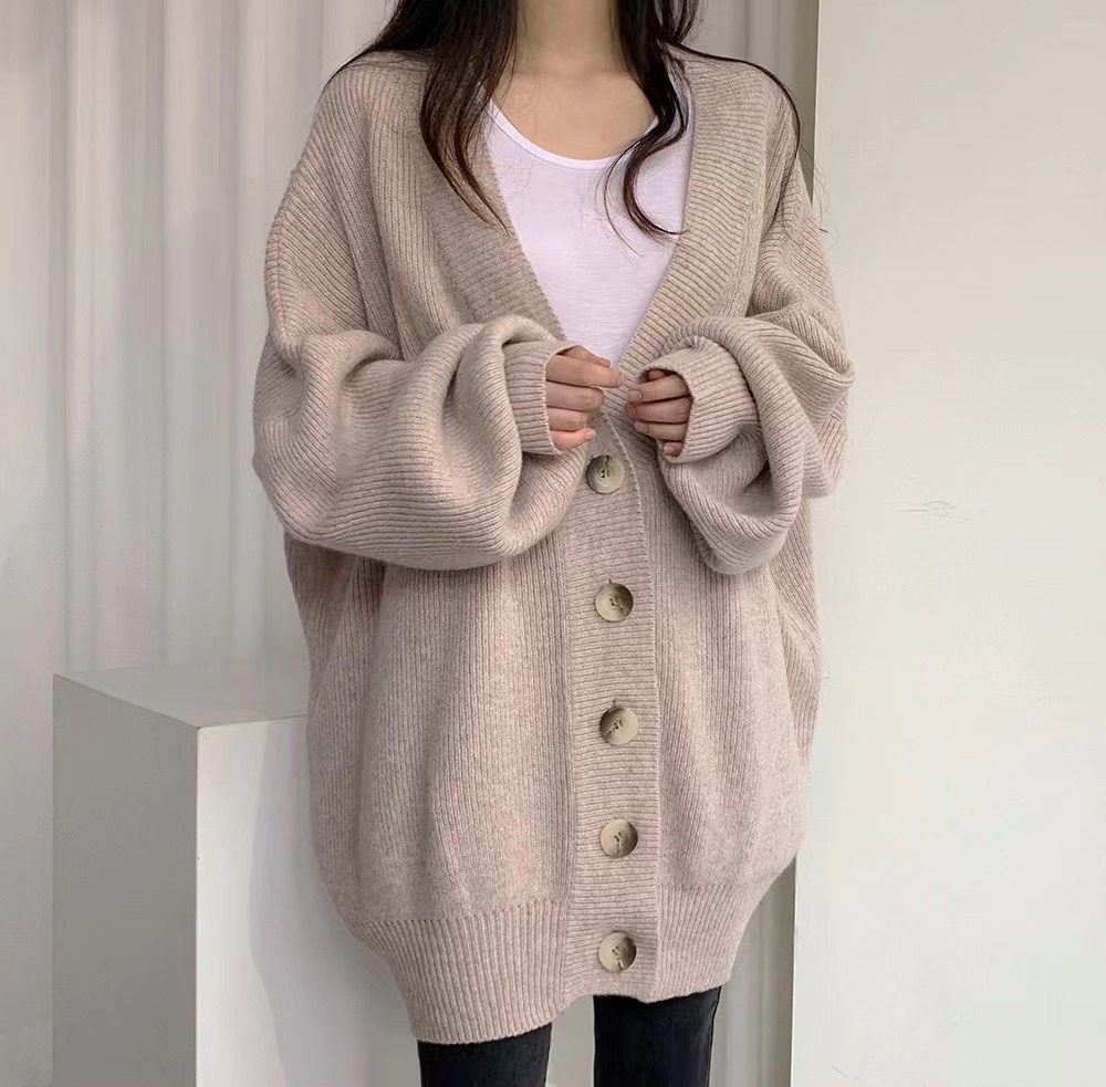 2023 new autumn and winter college lazy style V-neck single-breasted loose lantern sleeve knitted cardigan sweater jacket for women