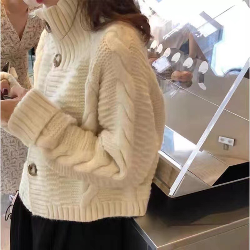 Sweater cardigan women's autumn and winter loose outer wear retro high collar twist thick line short thickened lazy style knitted jacket