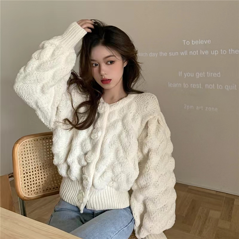 French three-dimensional retro rose flower sweater with stylish Christmas red puff sleeve top