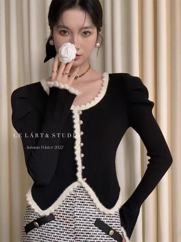Small fragrant lace splicing puff sleeve knitted cardigan for women spring and autumn slimming irregular short bottoming sweater