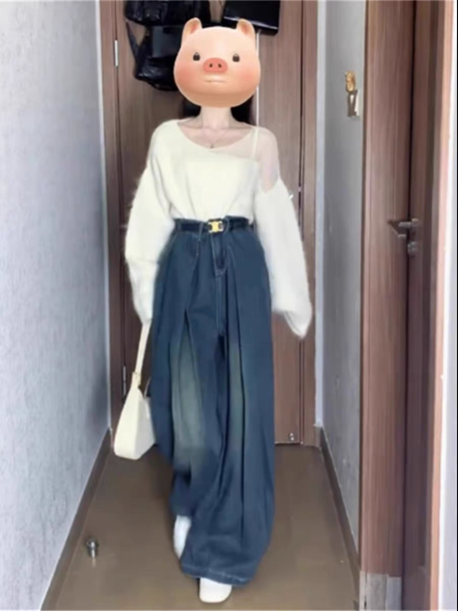 闊腿牛仔褲女秋季2023新款設計感高腰氣質流行百搭超闊顯瘦拖地褲