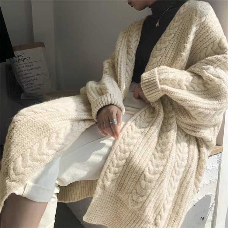 Knitted cardigan retro fashion simple winter thickened loose twist long sweater jacket for women