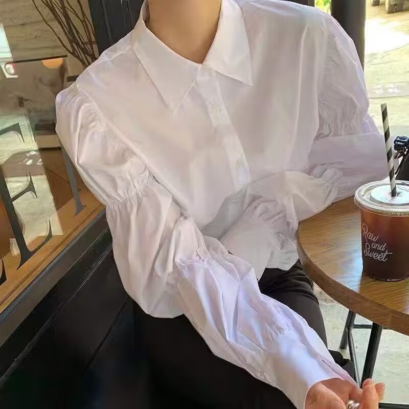 韓國chic秋季小眾鬆緊設計感減齡泡泡袖翻領單排扣長袖襯衫女