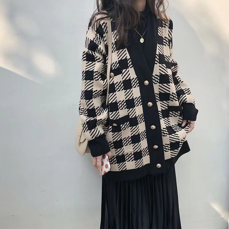 Small fragrant style houndstooth loose mid-length plaid knitted cardigan plaid coat for women V-neck