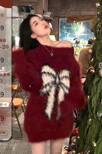 圣诞牧歌 蝴蝶结长毛毛衣女秋冬加厚新年红慵懒针织上衣