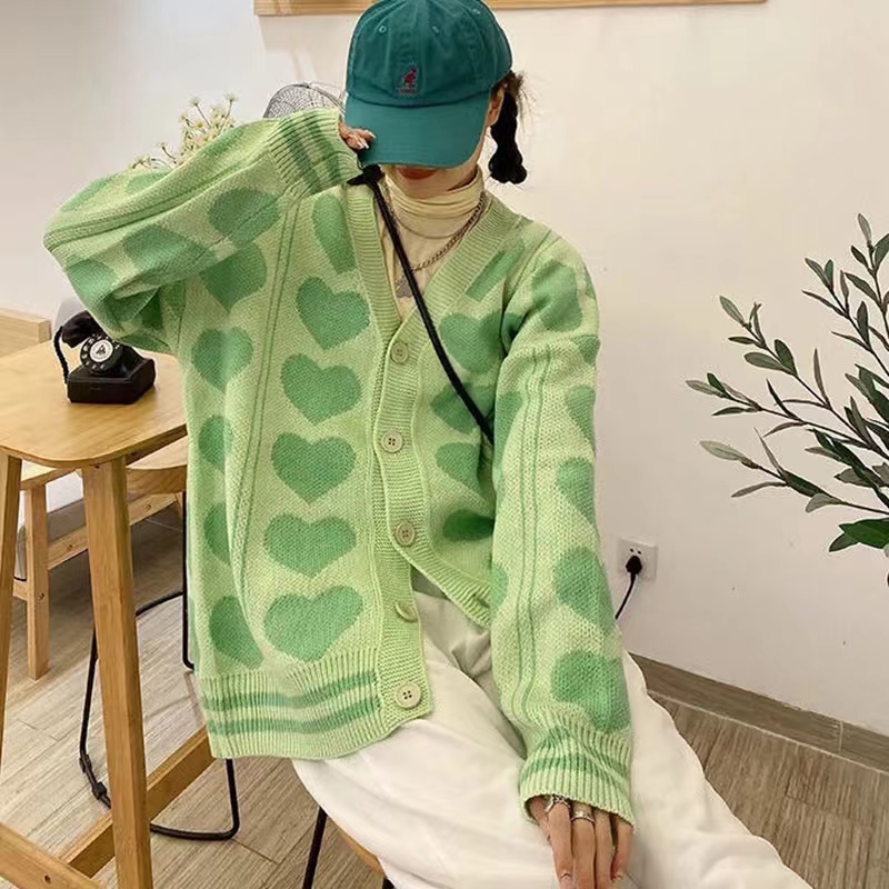 Korean style college style sweater oversize loose autumn and winter love sweater long-sleeved cardigan top for women to wear outside