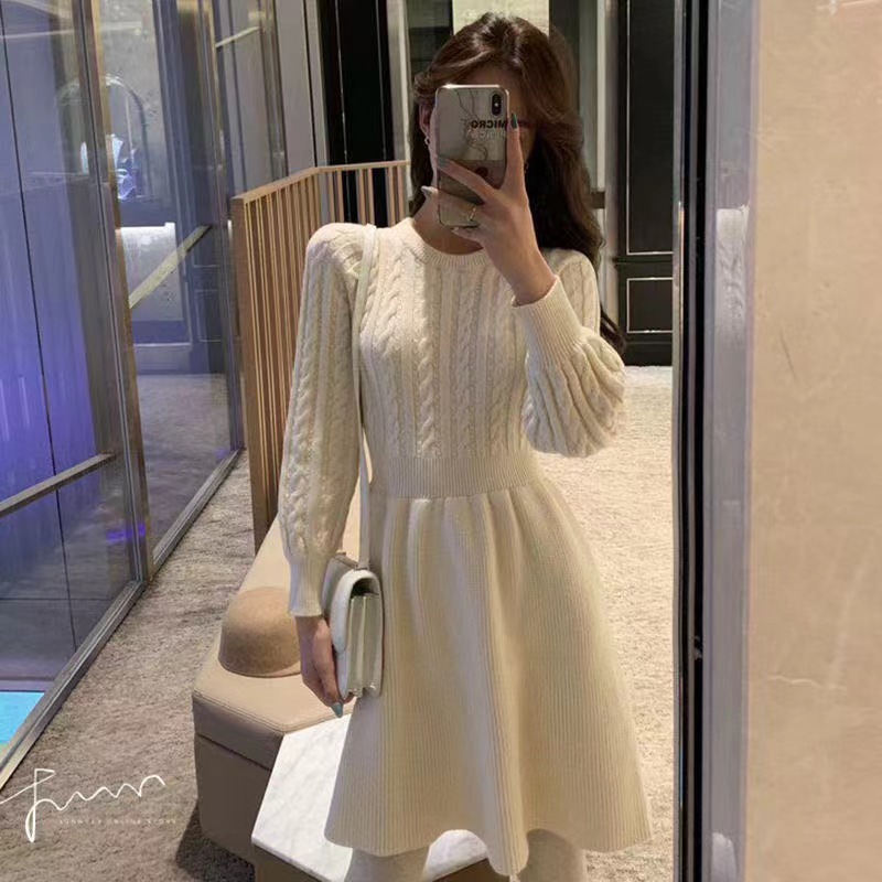 Korean style twist splicing dress women's autumn and winter waist slimming knitted skirt for small people