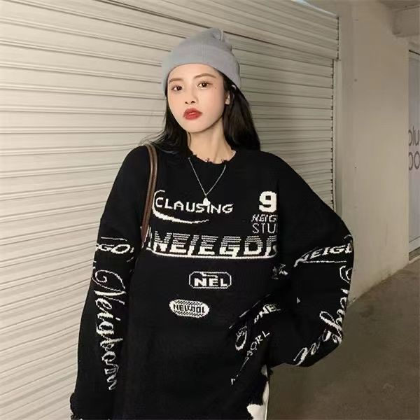毛衣#新款復古破洞毛邊女韓版寬鬆字母刺繡外穿bf風毛衣針織衫