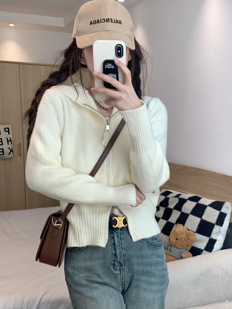 Zippered lazy style knitted sweater gray cardigan for women autumn short base layer sweater jacket hooded top