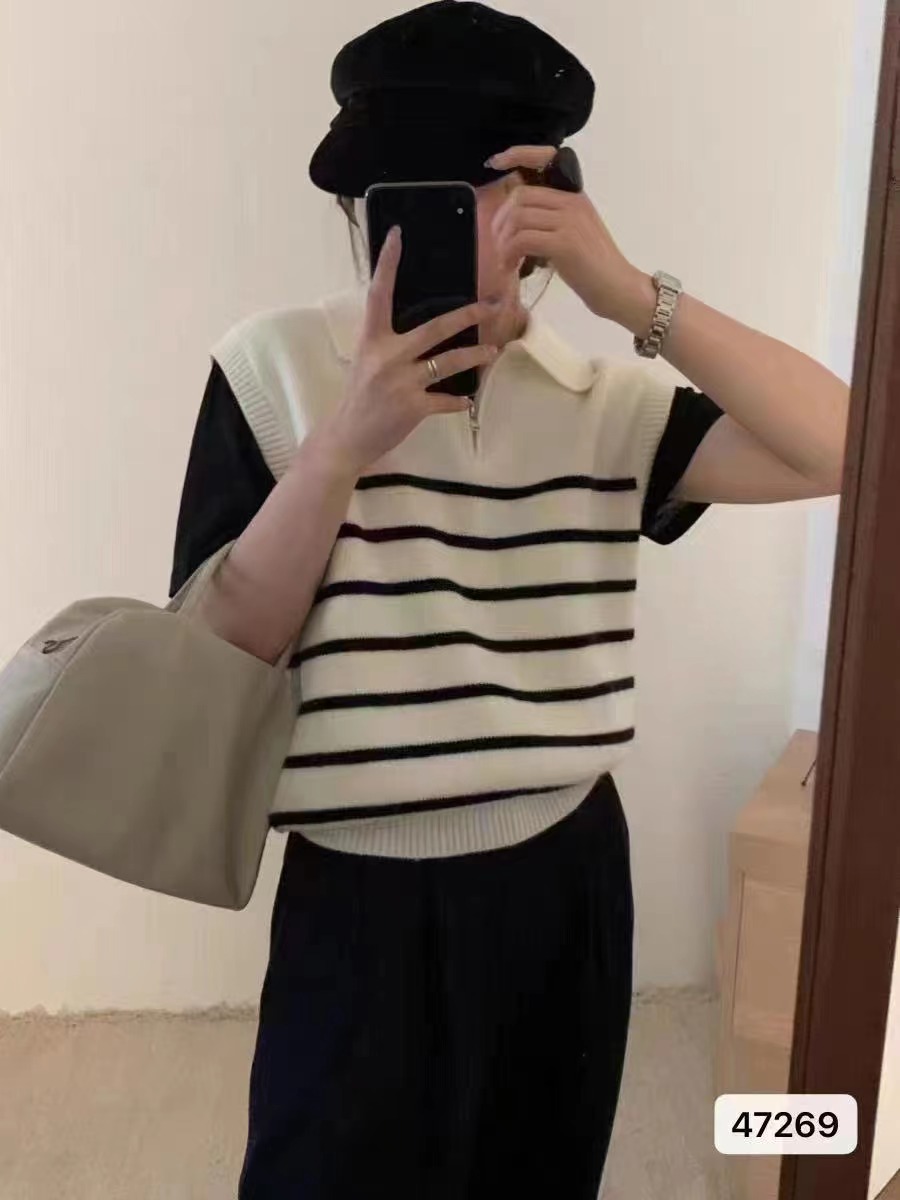 新款韓系復古翻領拉鏈半開胸條紋背心