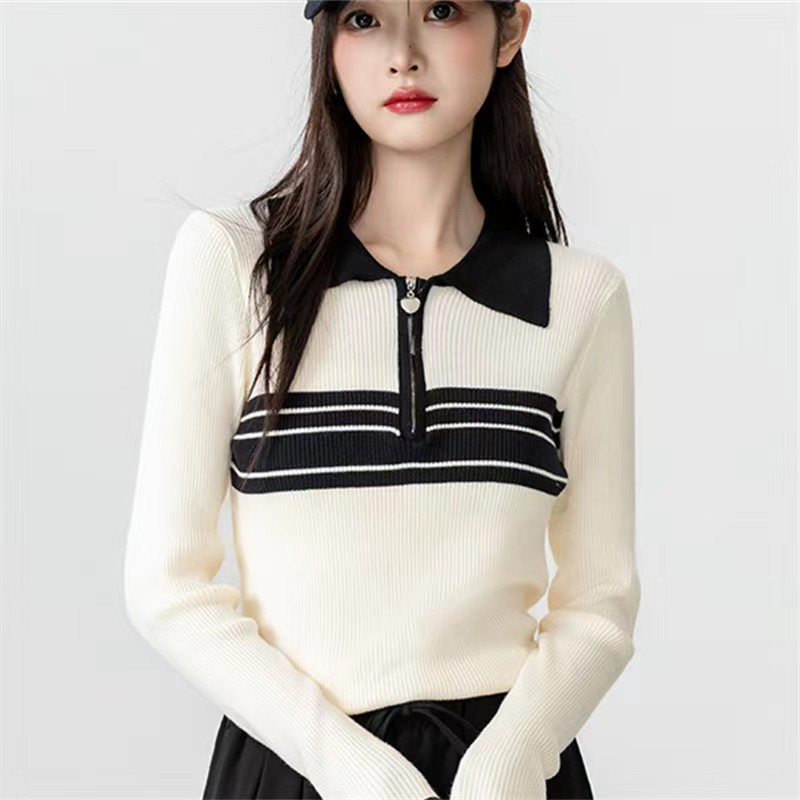 2023 new autumn contrast striped polo collar sweater for women spring and autumn long-sleeved half-zip lapel knitted top