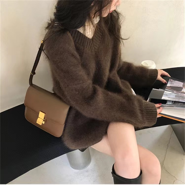 Mohair sweater women's autumn and winter outer wear mink velvet V-neck long-sleeved top loose lazy pullover bottoming sweater