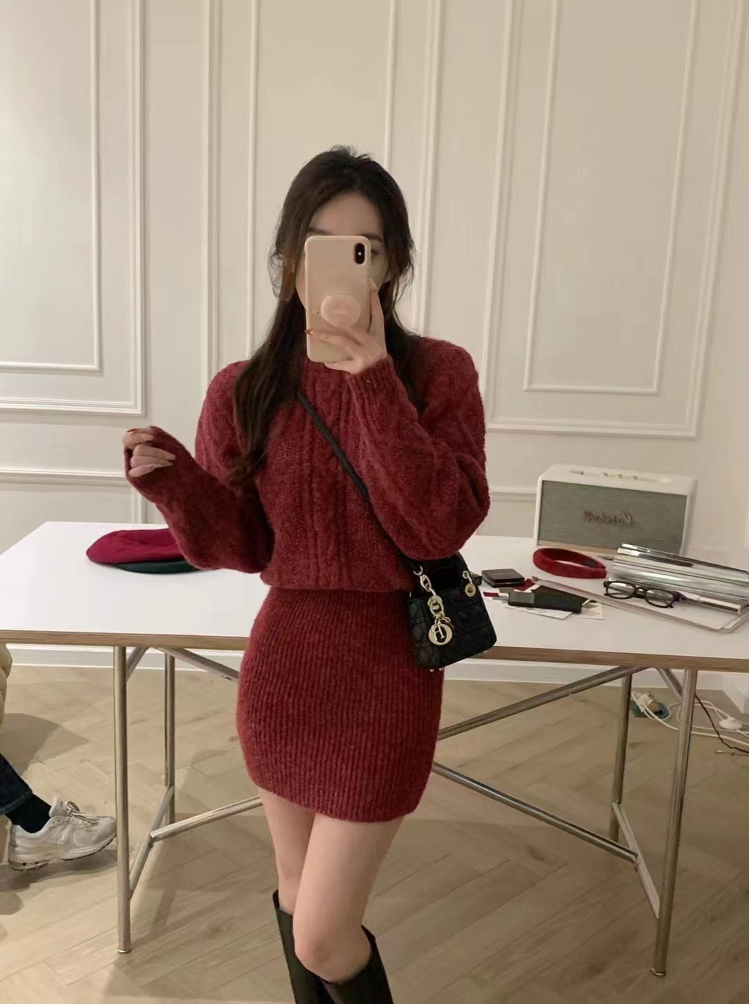 Chic temperament sexy hip-hugging fake two-piece sweater dress niche retro skirt long-sleeved knitted dress women's short skirt