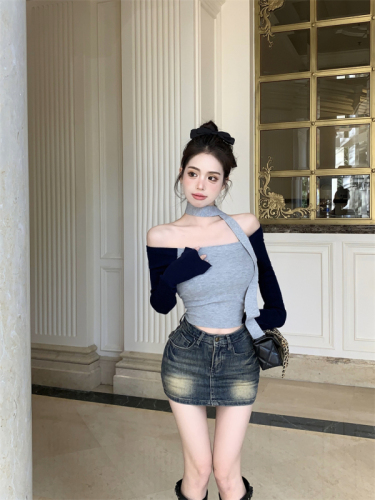 Real shot of stitched contrasting color ribbon knitted sweater for women in autumn and winter bottoming top for women