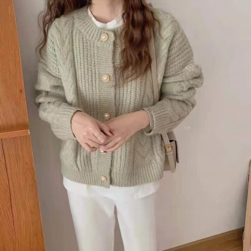 Retro gentle style twist sweater cardigan for women 2023 new style lazy style soft waxy thickened knitted top