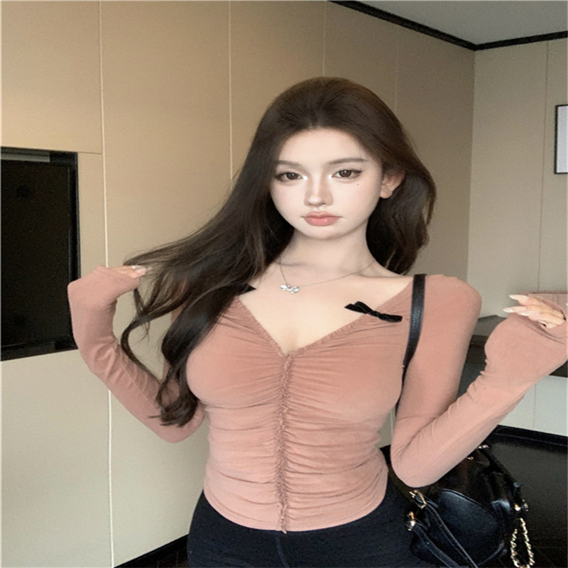 撞色蝴蝶結長袖v領T恤女秋冬季性感辣妹褶皺收腰修身短款內搭上衣