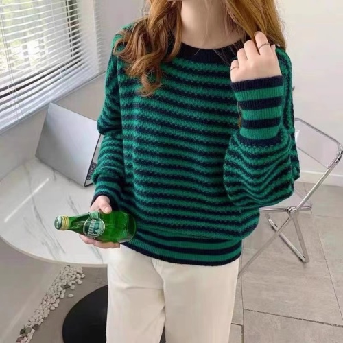 Retro striped round neck sweater for women  autumn and winter new style internet celebrity loose lazy style long-sleeved sweater