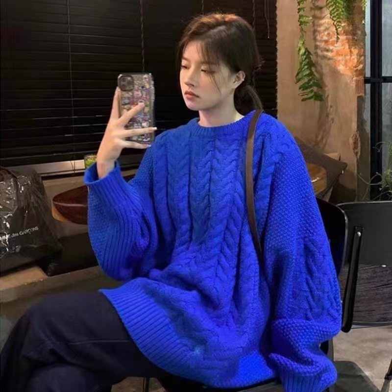 Autumn and winter Korean style loose large size lazy style twist knitted top for women all-match casual thickened Klein blue sweater