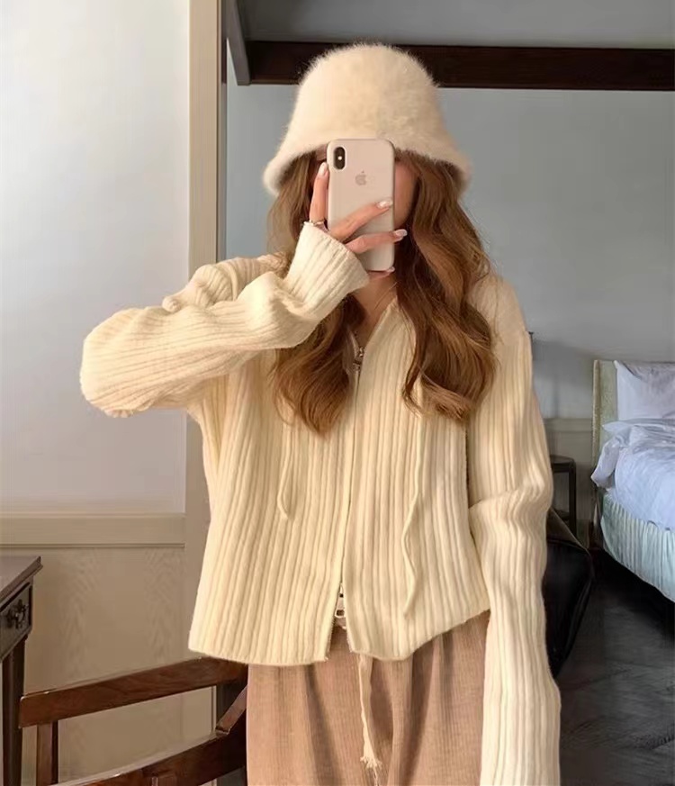 Chic double zipper hooded knitted cardigan for women spring and autumn high-end short sweater jacket top