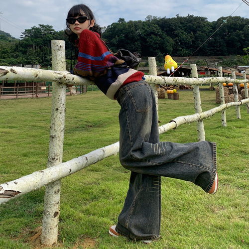 实拍美式复古宽松阔腿裤垂感拖地喇叭裤百搭牛仔裤女潮酷长裤加长