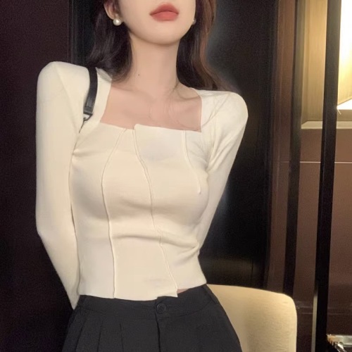 French square neck sweater top design niche women's autumn and winter new slim long-sleeved collarbone inner layering shirt