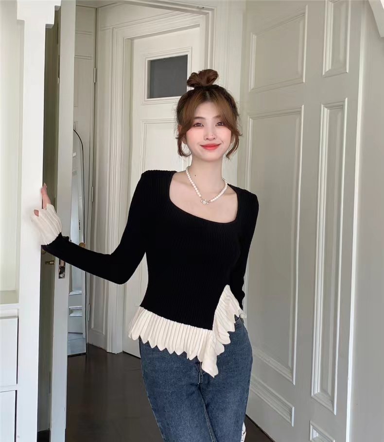 Retro Square Neck Ruffled Sweater 2023 New Autumn and Winter Spliced ​​Black Inner Bottoming Shirt Top