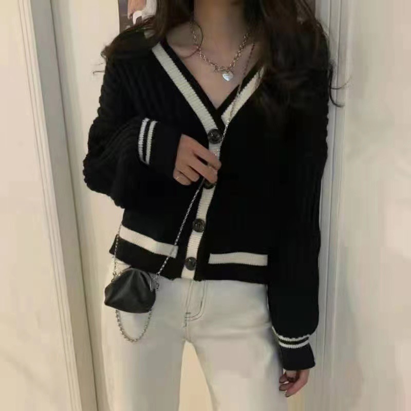 Korean early autumn new fashion Korean style loose and versatile V-neck contrast color long-sleeved knitted cardigan sweater tops for women trendy