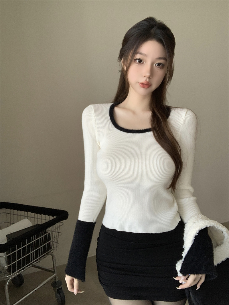 Real shot French square collar mink velvet design bottoming sweater niche slimming top