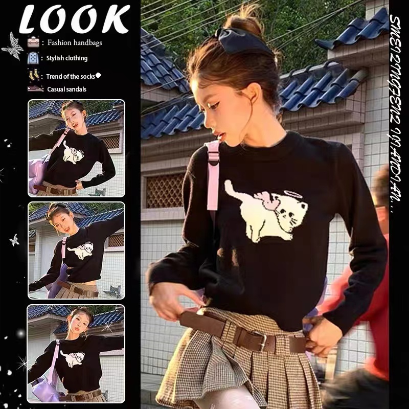 Cute kitten lazy style sweater autumn and winter new warm soft waxy sweater women's super nice top bottoming shirt