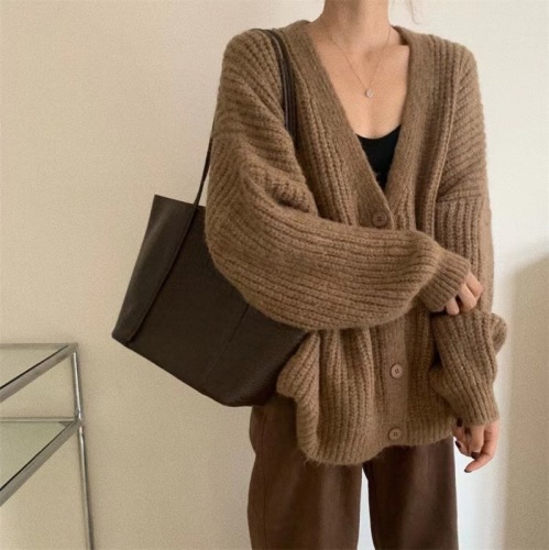 Lazy style thick-knit woolen sweater cardigan  autumn and winter new loose bat-sleeve slim sweater top for women