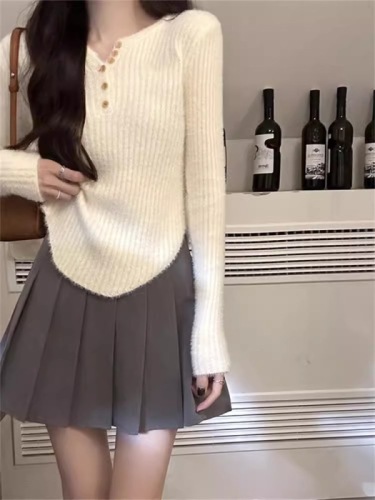 Imitation mink wool sweater for women autumn and winter  new slim long-sleeved short inner layering top