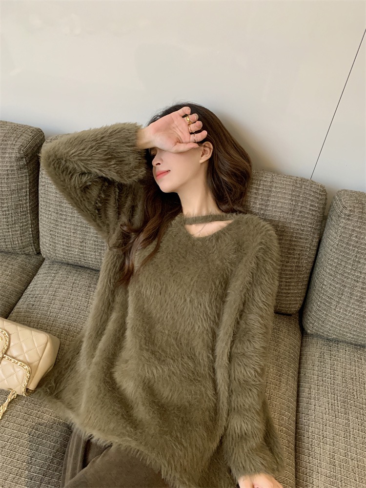 Lazy style imitation mink V-neck long-sleeved sweater for women winter plush soft and waxy loose pullover top