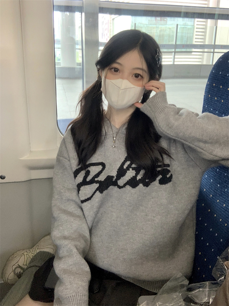 實拍~慵懶芝麻夾心字母連帽提花套頭毛衣女寬鬆休閒上衣