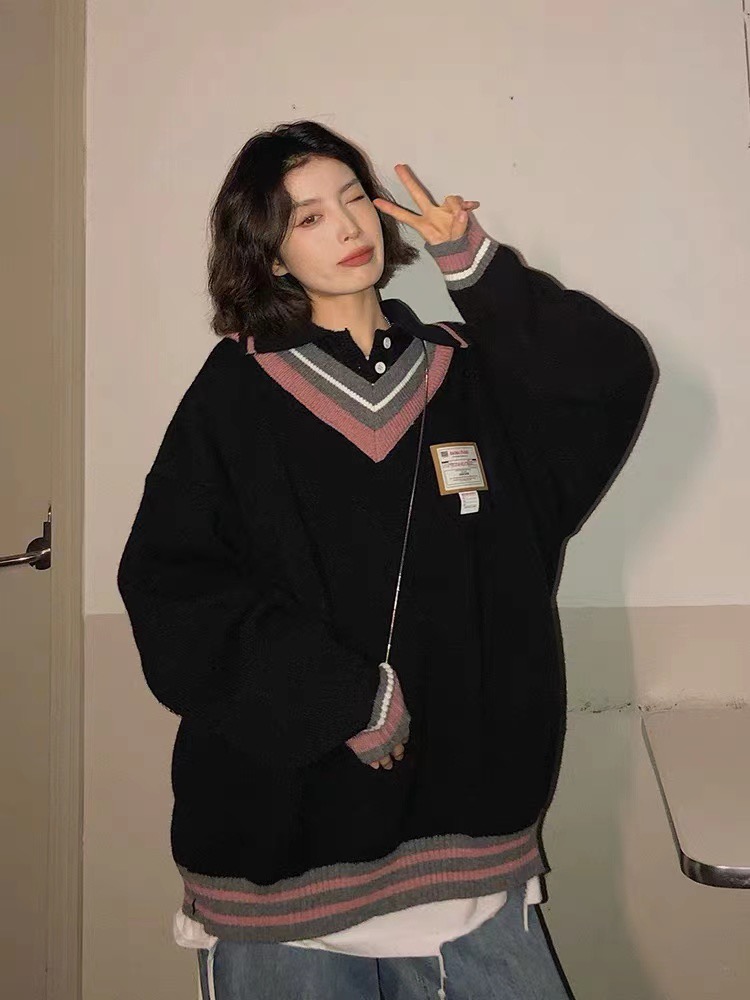 polo collar sweater women's autumn and winter loose college style lazy design niche knitted sweater jacket