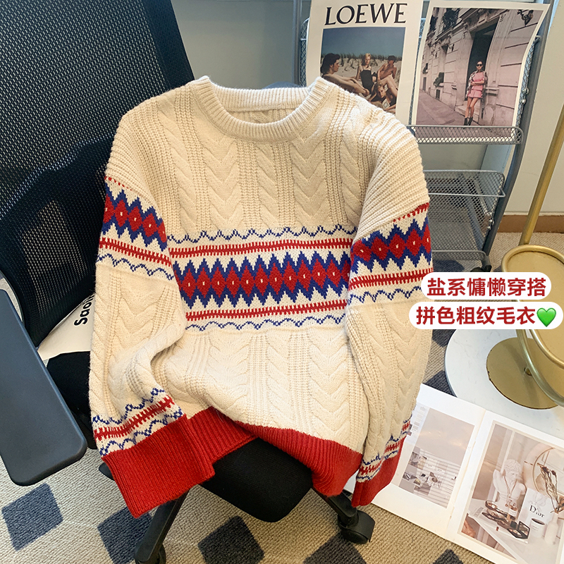 復古提花軟糯毛衣女秋冬加厚設計感小眾上衣寬鬆慵懶風套頭針織衫